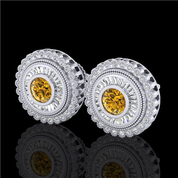 2.61 ctw Intense Fancy Yellow Diamond Art Deco Earrings 18k White Gold - REF-300K2Y