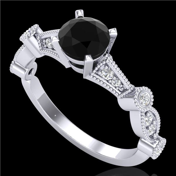 1.03 ctw Fancy Black Diamond Engagment Art Deco Ring 18k White Gold - REF-80A2N