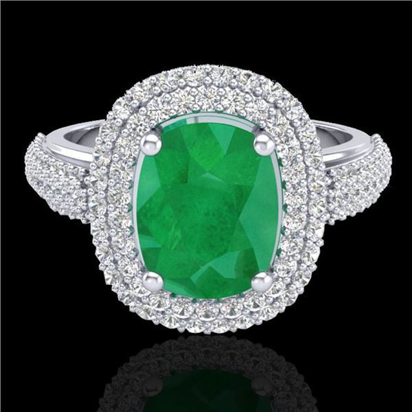 3.50 ctw Emerald & Micro Pave VS/SI Diamond Ring 18k White Gold - REF-143H6R