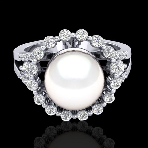 0.83 CT Micro Pave VS/SI Diamond Certified & Pearl Ring 18k White Gold - REF-85A5N