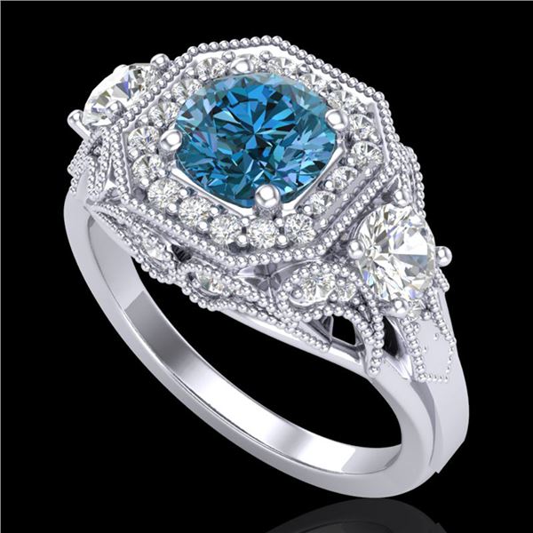 2.11 ctw Intense Blue Diamond Art Deco 3 Stone Ring 18k White Gold - REF-283G6W