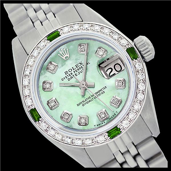 Rolex Ladies Stainless Steel, Diam Dial & Diam/Emerald Bezel, Sapphire Crystal