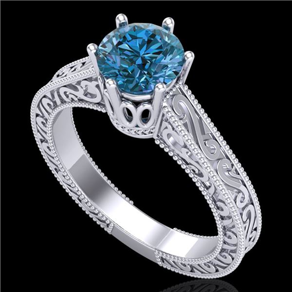 1 ctw Intense Blue Diamond Engagment Art Deco Ring 18k White Gold - REF-200G2W