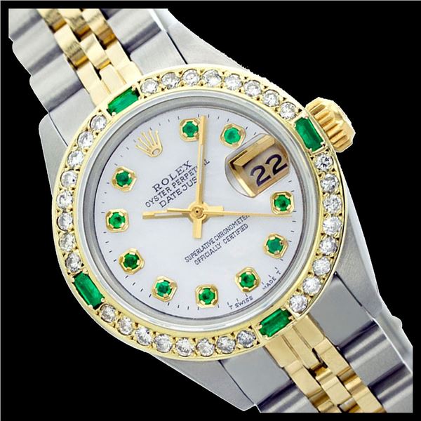 Rolex Ladies Two Tone 14K Gold/SS, Diam/Emerald Dial & Diam/Emerald Bezel, Sapphire Crystal