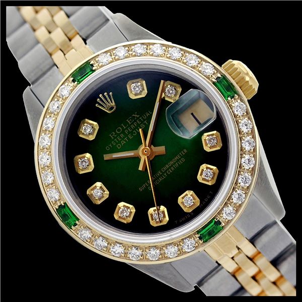 Rolex Men's Two Tone 14K Gold/SS, QuickSet, Diam Dial & Diam/Emerald Bezel
