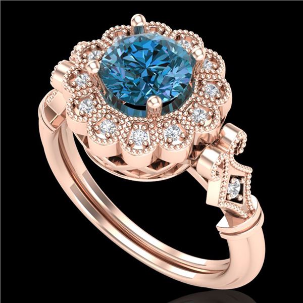 1.2 ctw Intense Blue Diamond Engagment Art Deco Ring 18k Rose Gold - REF-218H2R
