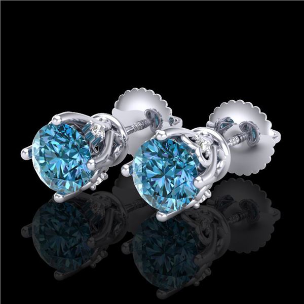 1.26 ctw Fancy Intense Blue Diamond Art Deco Earrings 18k White Gold - REF-133W3H