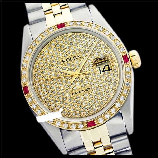 Rolex Men's Two Tone 14K Gold/SS, QuickSet, Diam Pave Dial & Diam/Ruby Bezel