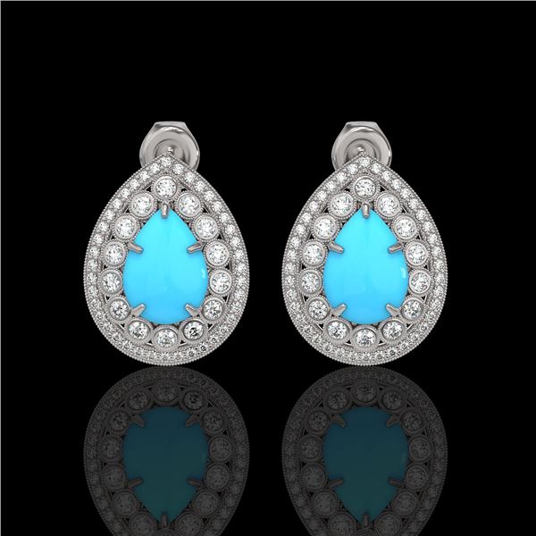 7.54 ctw Turquoise & Diamond Victorian Earrings 14K White Gold - REF-218X2A