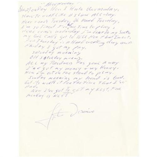 Fats Domino Handwritten And Signed Song Lyrics