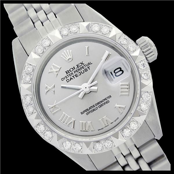 Rolex Men's Stainless Steel, QuickSet, Roman Dial with Pyrimid Diam Bezel