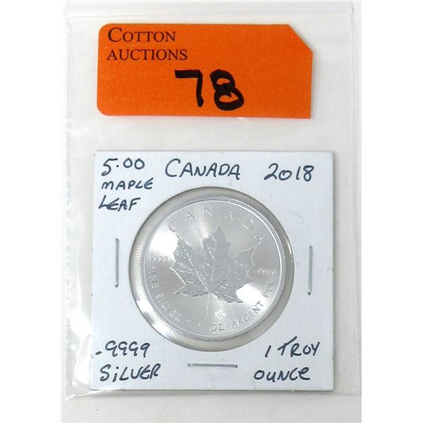 1 Oz .9999 Fine Silver 2018 Canada Maple Leaf Coin