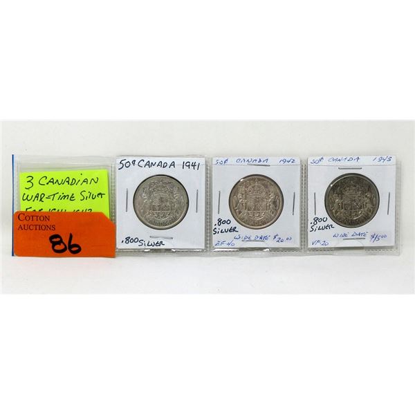 3 Canadian War-Time .800 Silver 50¢ Coins