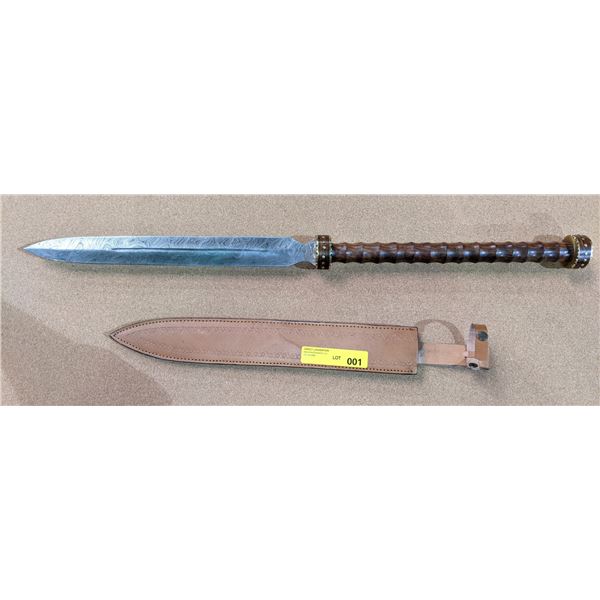 Medieval style Wood handle short custom Damascus sword w/leather scabbard from the show