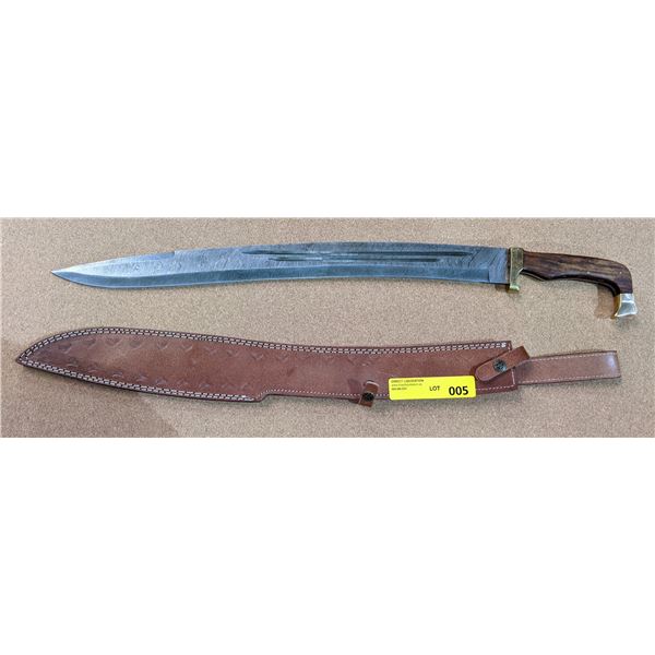 Hand crafted Medieval style short custom Damascus sword w/leather scabbard from the show