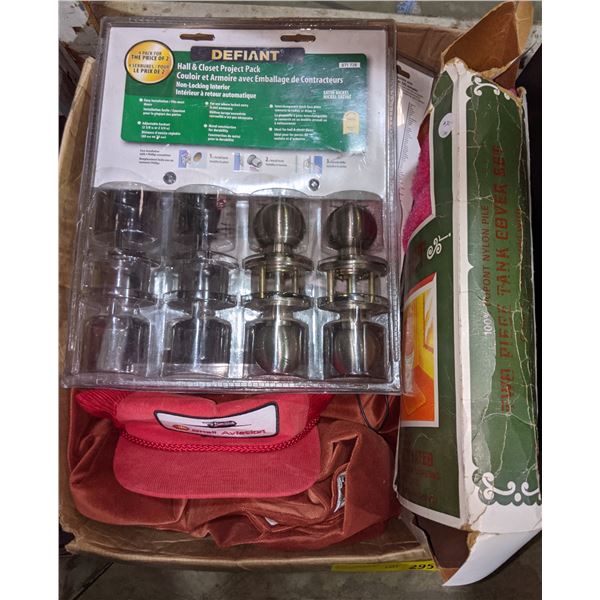 Box of misc items doorknobs & toilet tank sets etc...