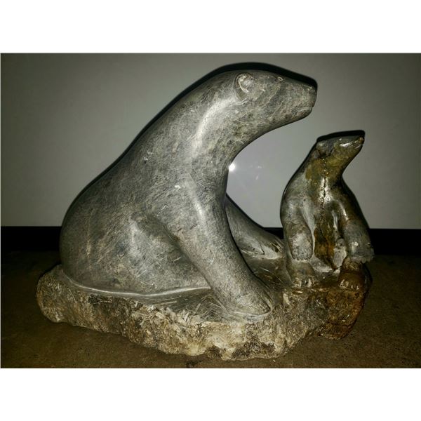 Large inuit soapstone carving mother bear and cub signed on bottom (has been damage and repaired)
