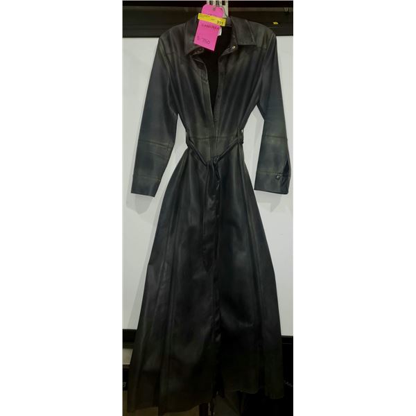 Long grey leather trench coat style jacket nanushka valued at $750 from the sci fi show