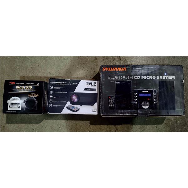3 store returned items micro system, digital multimedia projector, external speaker set