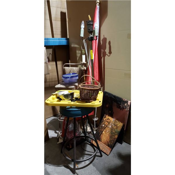 Lot of misc. Canadian flag, vintage lamp, stools etc...