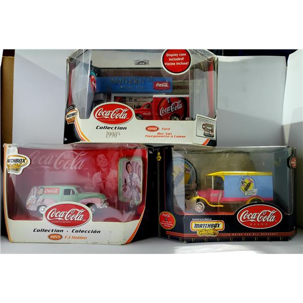 3 Collectable coca-cola matchbox die cast metal cars