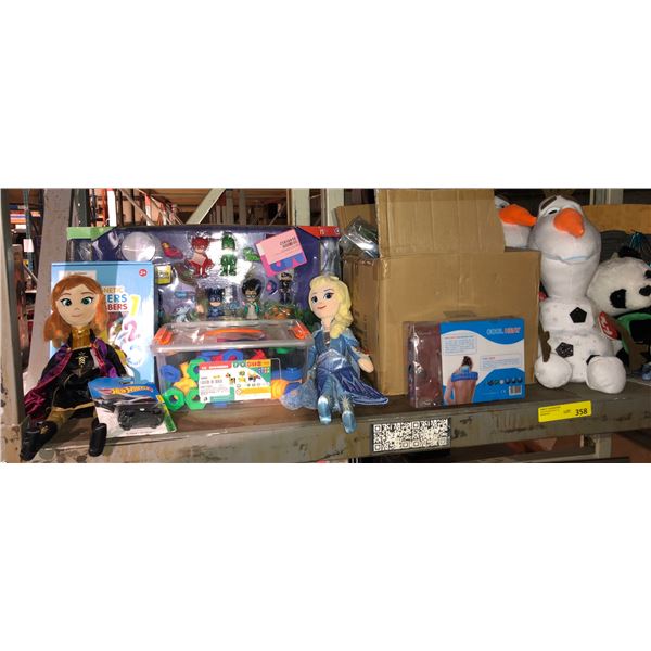 Large shelf lot with assorted kids toys, TY beanie babies, stuffed animals, electronice, etc...