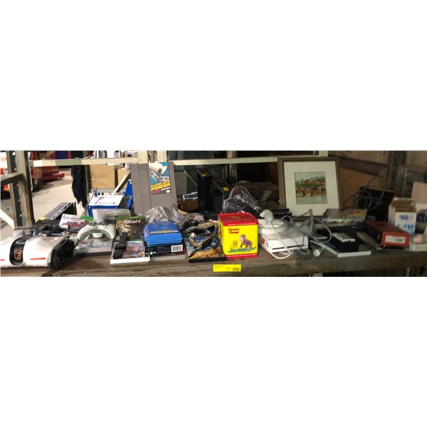 Large shelf lot with assorted gamers and collectible items - nintendo wii, sony PSP, games, consoles