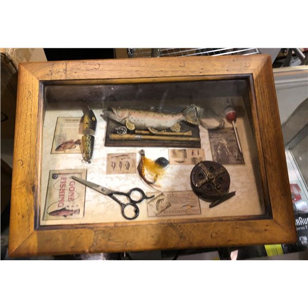 Rustic fishing motif wood carved glass shadow box made by Scott Barber