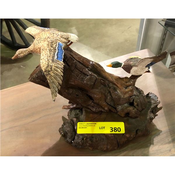 Carved wooden sculpture tree trunk by Scott Barber (one duck wing missing)