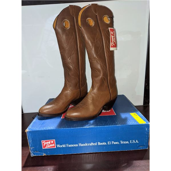 Pair of tony lama 17 inch natural cowboy boots size 8 1/2 (NOS)