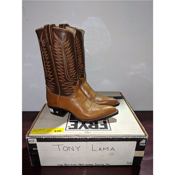 Pair of tony lama tan bottom/brown upper pointed toe cowboy boots size 6 (NOS)