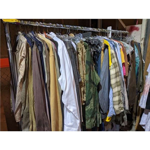 A rack of wardrobe clothing from a zombie movie and Sci-Fi show