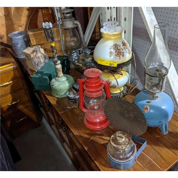a large group of vintage lanterns and misc. champagne boxes