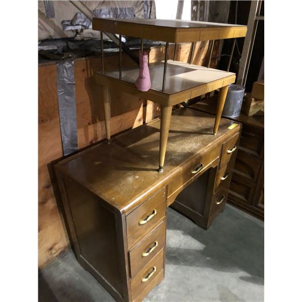 3 pieces of wooden furniture - a dresser/vanity dresser & 2 end tables