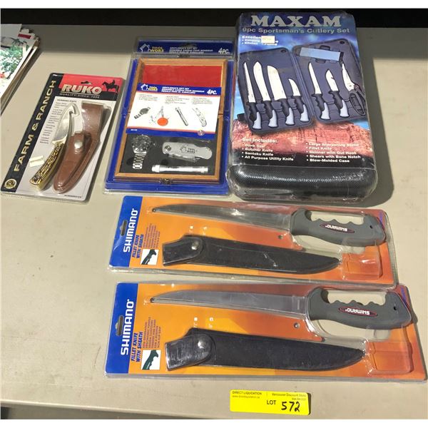 Huge lot of knives including Maxam 9pc Sportman's cutlery set, 2 Shimanoo fillet knife, Tool Worx