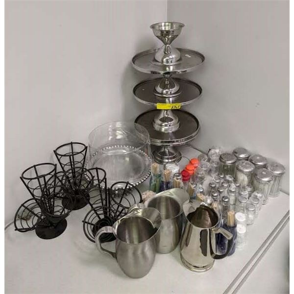 Large lot of assorted serving pieces salt & pepper/ sugar, water pitchers, trays