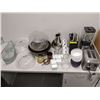 Image 1 : Table top of assorted serving pieces Breville blender, knive block with Knives etc.