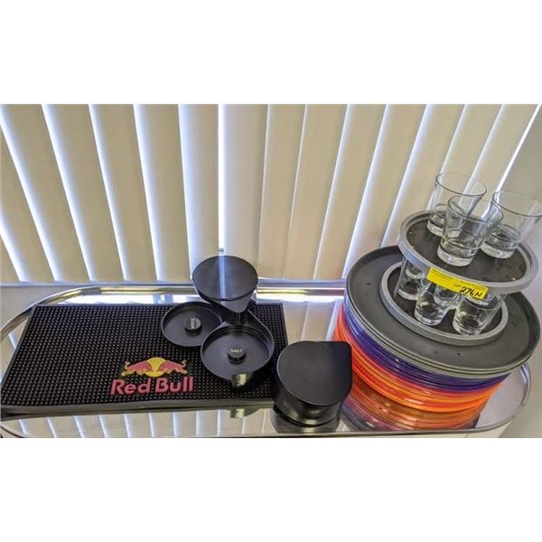 Assorted lot of barware, Red Bull bar mats, trays etc.