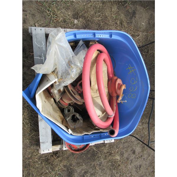 CRATE OF MISC INCLUDING BARREL PUMP, BELT LACER, 2 STOOLS