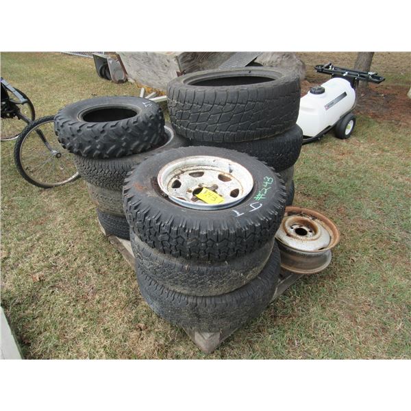 PALLET OF MISC TIRES & RIMS (ALSO INCL TIRES IN MANURE SPREADER) (ALL FOR ONE MONEY)