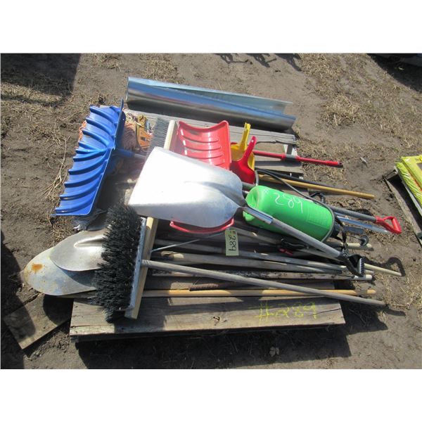 PALLET OF ASSORTED BROOMS, MOPS & SHOVELS