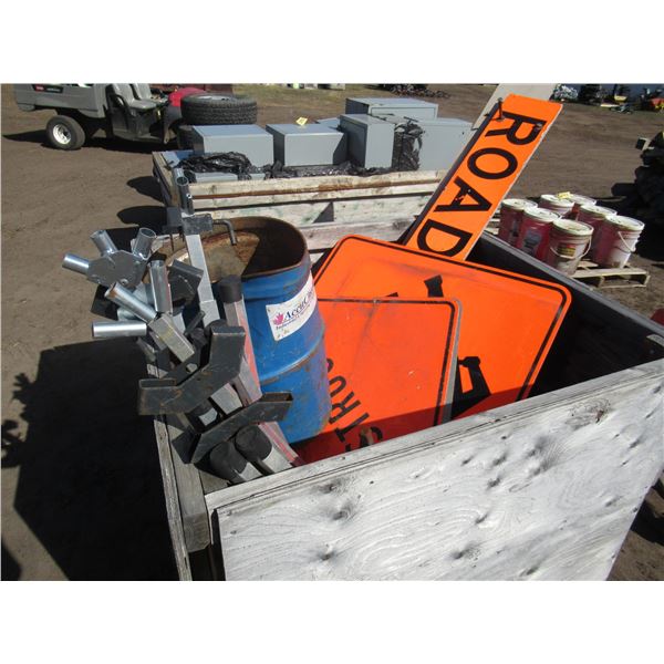 BOX OF VARIOUS TRAFFIC SIGNS & CONES (WOOD CRATE DOES NOT SELL)