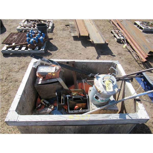 CONTENTS OF WOOD BOX, PAINT TANK, ROOF SHOVEL & HITCH