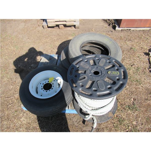 4 ASSORTED TIRES & SPOOL OF NYLON ROPE