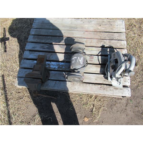 BENCH VISE, SKILL SAW, BENCH GRINDER