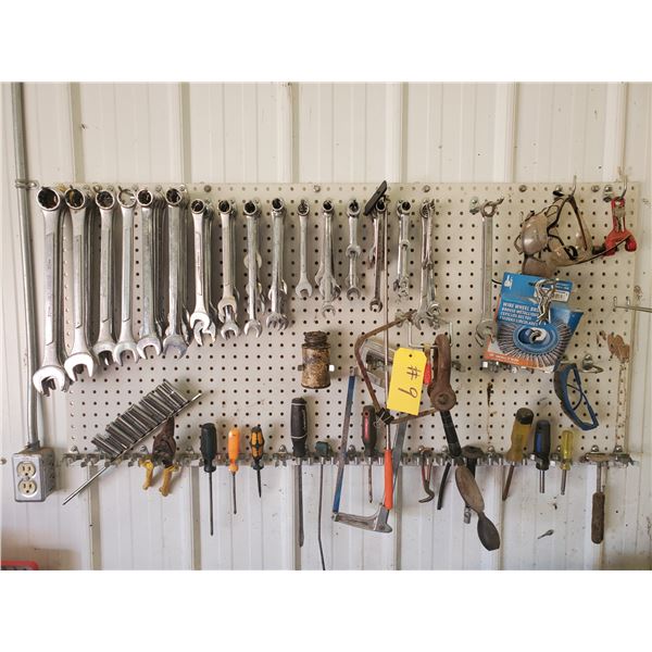 COLLECTION OF METRIC WRENCHES & TOOLS (ON THE WALL)