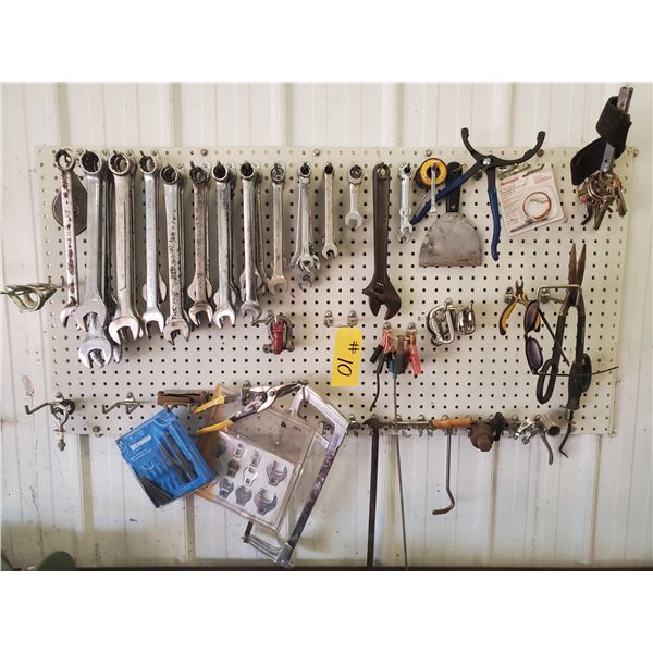 COLLECTION OF IMPERIAL WRENCHES & HACK SAW (ON THE WALL)