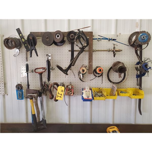 COLLECTION OF GRINDING SUPPLIES, HACK SAW, HATCHET & CROW BAR