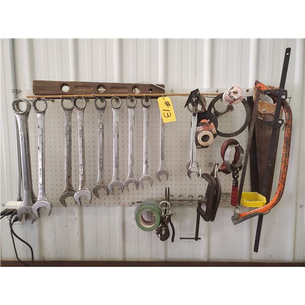 LARGE SAE WRENCHES, CLAMPS, SAW & FILTER WRENCH (ON THE WALL)
