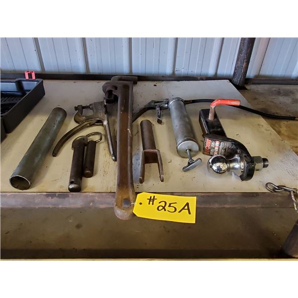 36" PIPE WRENCH, GREASE GUN, BALL HITCH, 2 PINS & CHAIN BREAKER